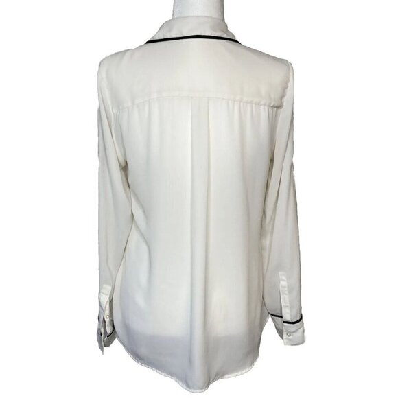 Express The Portofino Shirt Medium Ivory Black Piping Button Up Blouse Top - Picture 2 of 12
